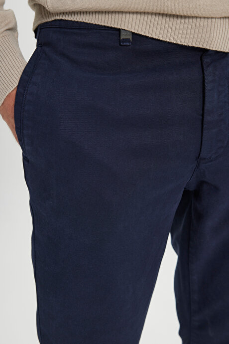 Pamuklu Slim Fit Dar Kesim Diagonal Desenli Pileli Yan Cep Casual Lacivert Pantolon resmi