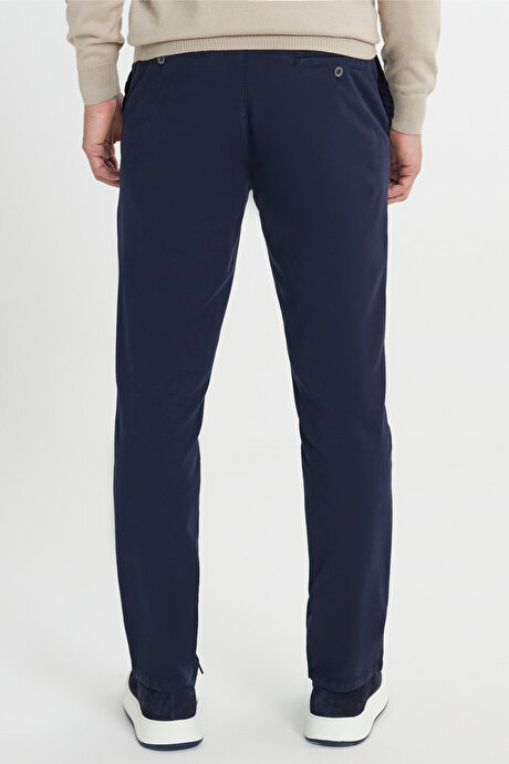 Pamuklu Slim Fit Dar Kesim Diagonal Desenli Pileli Yan Cep Casual Lacivert Pantolon resmi