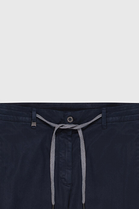 Pamuklu Slim Fit Dar Kesim Diagonal Desenli Pileli Yan Cep Casual Lacivert Pantolon resmi