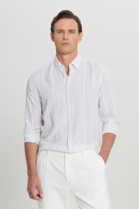 Pamuklu Keten Slim Fit Dar Kesim Düğmeli Yaka Çizgili Bej-Ekru Gömlek resmi