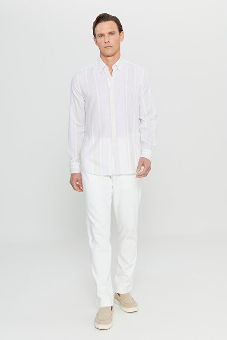 Pamuklu Keten Slim Fit Dar Kesim Düğmeli Yaka Çizgili Bej-Ekru Gömlek resmi