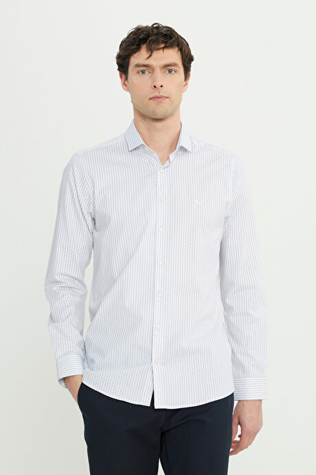 %100 Pamuk Slim Fit Dar Kesim Küçük İtalyan Yaka Çizgili Beyaz-Siyah Gömlek resmi