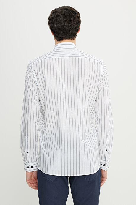 %100 Pamuk Slim Fit Dar Kesim Küçük İtalyan Yaka Çizgili Beyaz-Lacivert Gömlek resmi