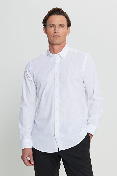 %100 Pamuk Flamlı Slim Fit Dar Kesim Armürlü Düğmeli Yaka Beyaz Gömlek resmi