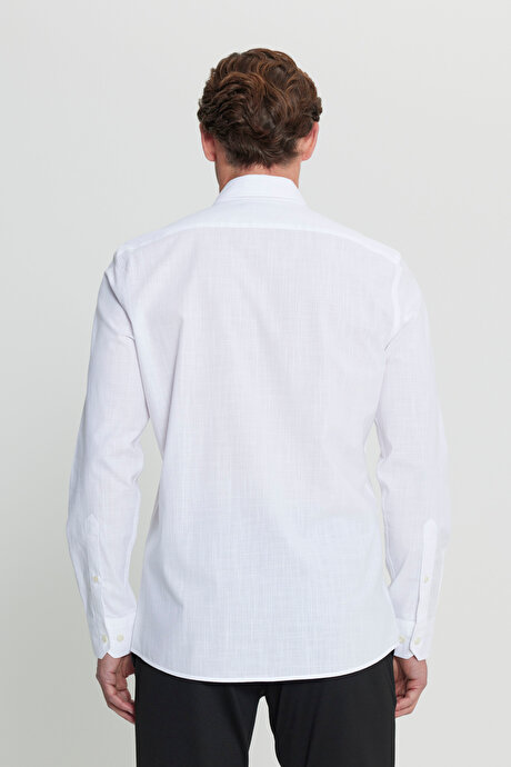 %100 Pamuk Flamlı Slim Fit Dar Kesim Armürlü Düğmeli Yaka Beyaz Gömlek resmi