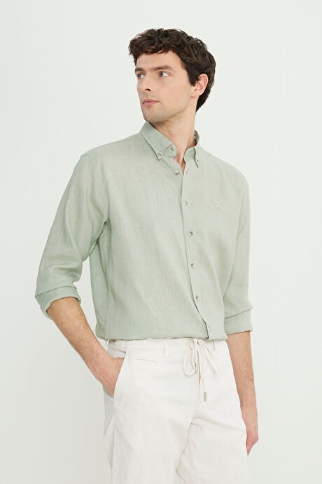 %100 Keten Comfort Fit Rahat Kesim Düğmeli Yaka Haki Gömlek resmi