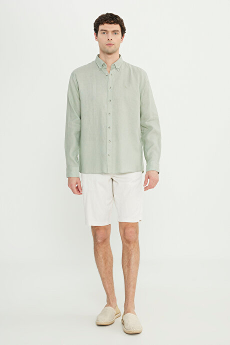 %100 Keten Comfort Fit Rahat Kesim Düğmeli Yaka Haki Gömlek resmi