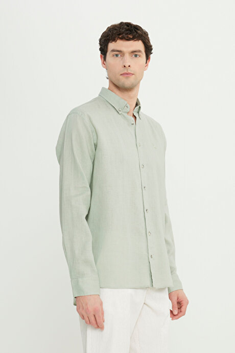 %100 Keten Comfort Fit Rahat Kesim Düğmeli Yaka Haki Gömlek resmi