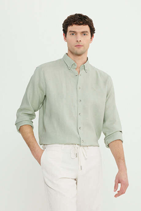 %100 Keten Comfort Fit Rahat Kesim Düğmeli Yaka Haki Gömlek resmi