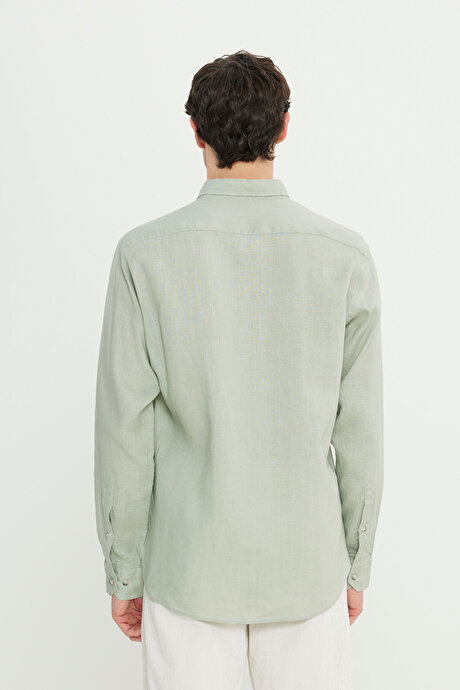 %100 Keten Comfort Fit Rahat Kesim Düğmeli Yaka Haki Gömlek resmi