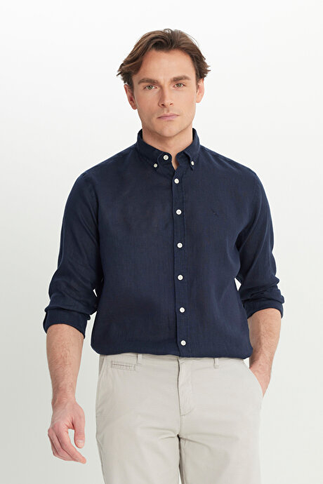 %100 Keten Comfort Fit Rahat Kesim Düğmeli Yaka Lacivert Gömlek resmi