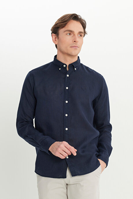 %100 Keten Comfort Fit Rahat Kesim Düğmeli Yaka Lacivert Gömlek resmi