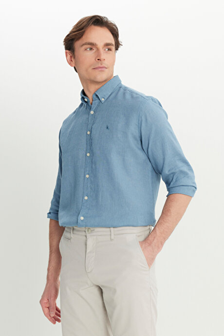 %100 Keten Comfort Fit Rahat Kesim Düğmeli Yaka Petrol Gömlek resmi