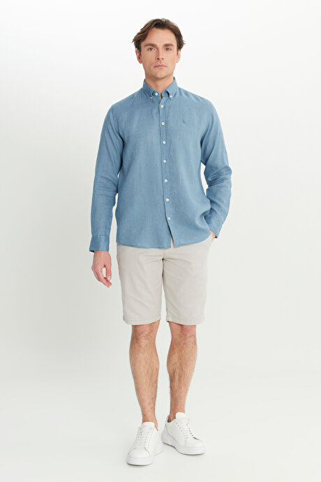 %100 Keten Comfort Fit Rahat Kesim Düğmeli Yaka Petrol Gömlek resmi