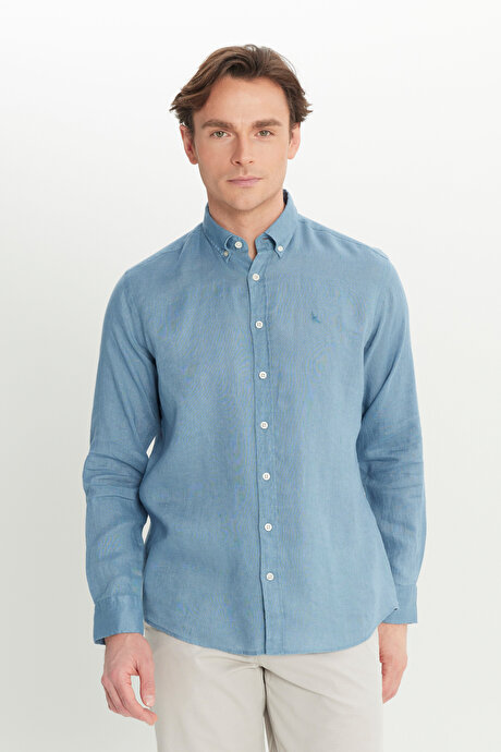 %100 Keten Comfort Fit Rahat Kesim Düğmeli Yaka Petrol Gömlek resmi