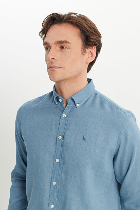 %100 Keten Comfort Fit Rahat Kesim Düğmeli Yaka Petrol Gömlek resmi