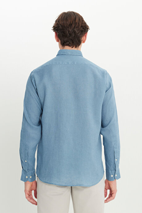 %100 Keten Comfort Fit Rahat Kesim Düğmeli Yaka Petrol Gömlek resmi