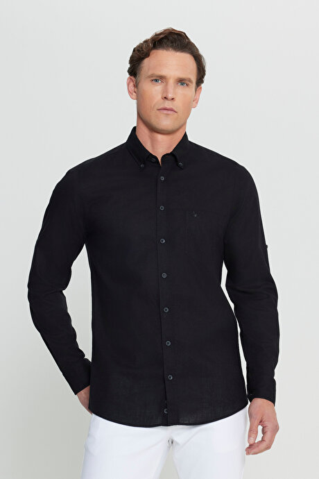 %100 Keten Comfort Fit Rahat Kesim Düğmeli Yaka Siyah Gömlek resmi
