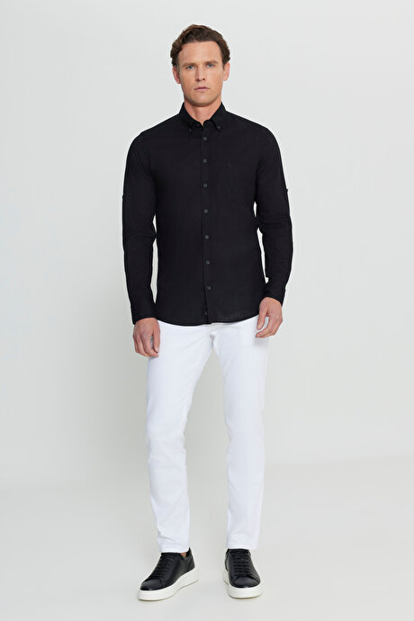 %100 Keten Comfort Fit Rahat Kesim Düğmeli Yaka Siyah Gömlek resmi