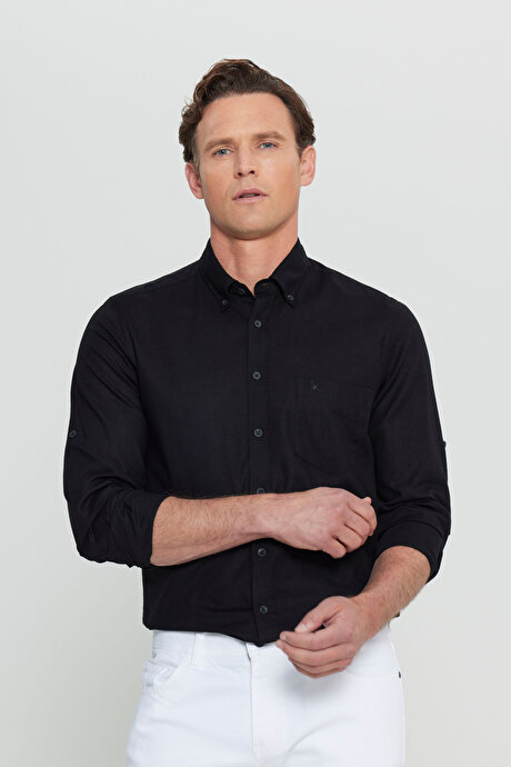 %100 Keten Comfort Fit Rahat Kesim Düğmeli Yaka Siyah Gömlek resmi
