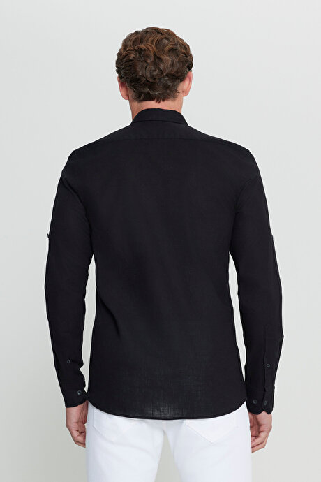 %100 Keten Comfort Fit Rahat Kesim Düğmeli Yaka Siyah Gömlek resmi