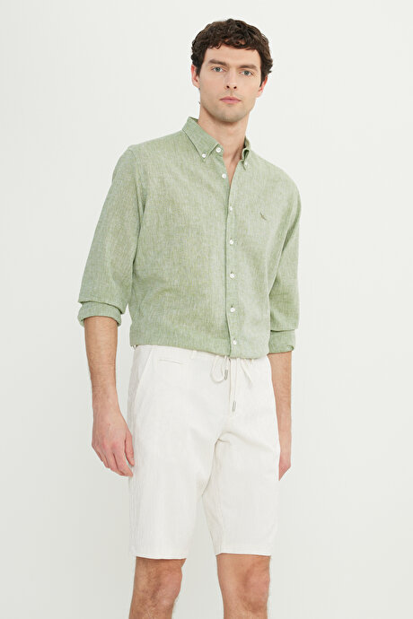 %100 Keten Comfort Fit Rahat Kesim Düğmeli Yaka Yeşil Gömlek resmi