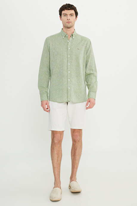 %100 Keten Comfort Fit Rahat Kesim Düğmeli Yaka Yeşil Gömlek resmi