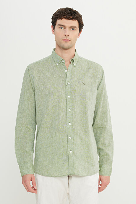 %100 Keten Comfort Fit Rahat Kesim Düğmeli Yaka Yeşil Gömlek resmi