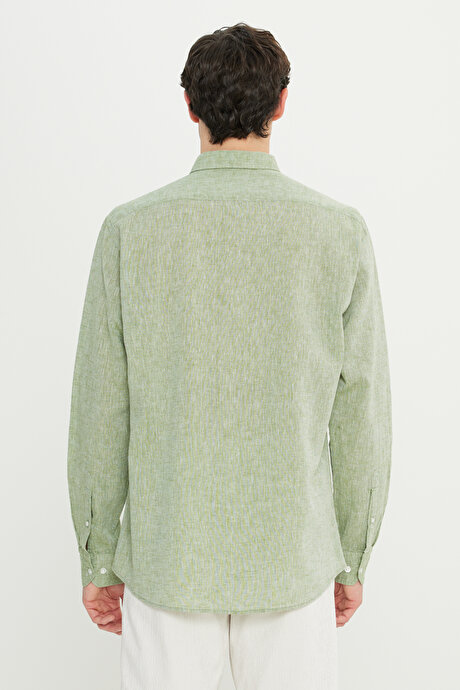 %100 Keten Comfort Fit Rahat Kesim Düğmeli Yaka Yeşil Gömlek resmi