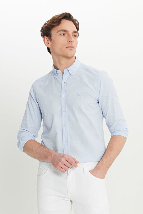 %100 Pamuk Slim Fit Dar Kesim Düğmeli Yaka Gofre Desenli Mavi Gömlek resmi