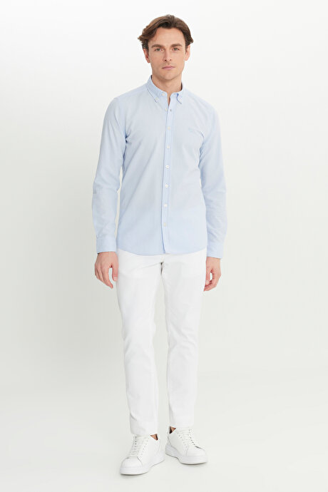 %100 Pamuk Slim Fit Dar Kesim Düğmeli Yaka Gofre Desenli Mavi Gömlek resmi