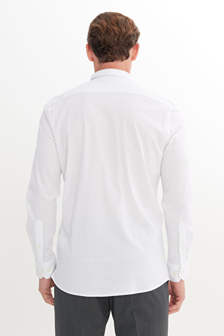 %100 Pamuk Örme Slim Fit Dar Kesim Düğmeli Yaka Beyaz Gömlek resmi