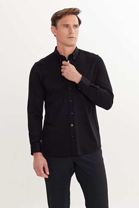 %100 Pamuk Örme Slim Fit Dar Kesim Düğmeli Yaka Siyah Gömlek resmi