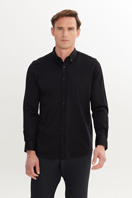 %100 Pamuk Örme Slim Fit Dar Kesim Düğmeli Yaka Siyah Gömlek resmi