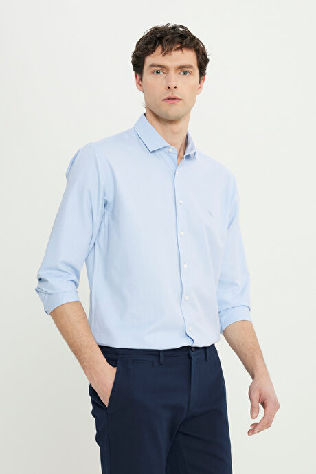 %100 Pamuk Regular Fit Normal Kesim Küçük İtalyan Yaka Armürlü Mavi Gömlek resmi