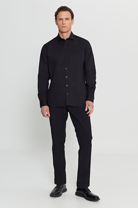 %100 Pamuk Regular Fit Normal Kesim Küçük İtalyan Yaka Armürlü Siyah Gömlek resmi