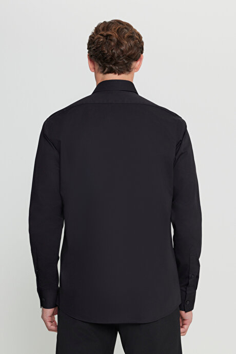 %100 Pamuk Regular Fit Normal Kesim Küçük İtalyan Yaka Armürlü Siyah Gömlek resmi