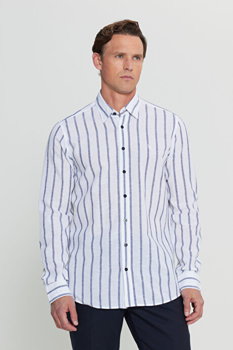 Keten Slim Fit Dar Kesim Gizli Düğmeli Yaka Çizgili Beyaz-Lacivert Gömlek resmi