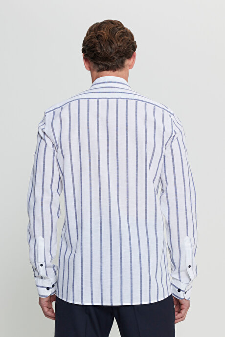 Keten Slim Fit Dar Kesim Gizli Düğmeli Yaka Çizgili Beyaz-Lacivert Gömlek resmi