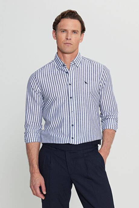 Keten Slim Fit Dar Kesim Gizli Düğmeli Yaka Çizgili Lacivert Gömlek resmi