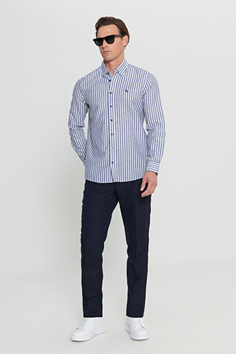 Keten Slim Fit Dar Kesim Gizli Düğmeli Yaka Çizgili Lacivert Gömlek resmi