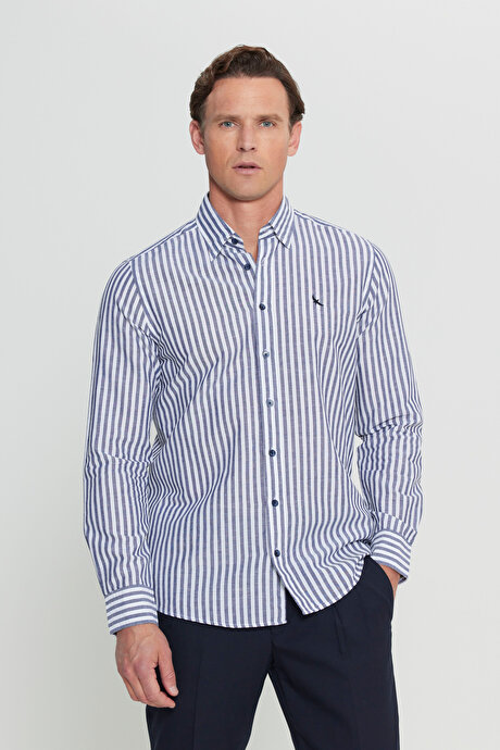 Keten Slim Fit Dar Kesim Gizli Düğmeli Yaka Çizgili Lacivert Gömlek resmi