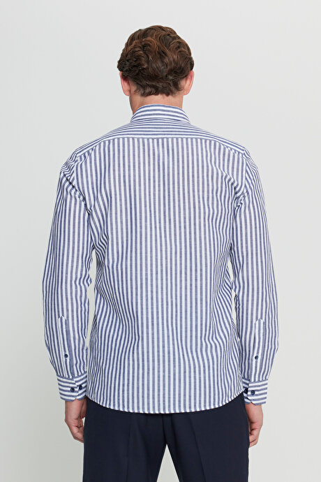 Keten Slim Fit Dar Kesim Gizli Düğmeli Yaka Çizgili Lacivert Gömlek resmi