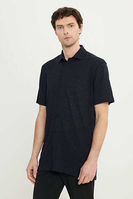 Pamuklu Comfort Fit Rahat Kesim Klasik Yaka Örme Siyah Gömlek resmi