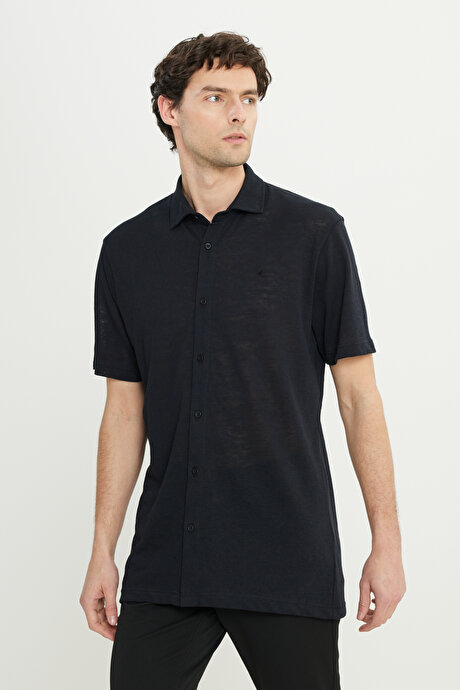 Pamuklu Comfort Fit Rahat Kesim Klasik Yaka Örme Siyah Gömlek resmi