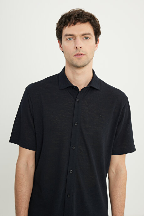 Pamuklu Comfort Fit Rahat Kesim Klasik Yaka Örme Siyah Gömlek resmi