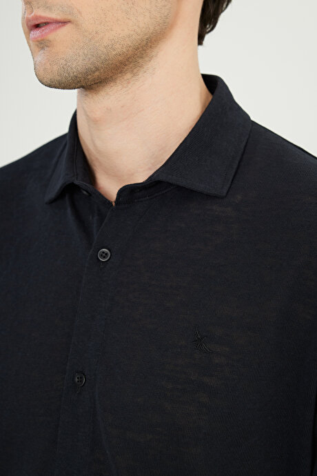 Pamuklu Comfort Fit Rahat Kesim Klasik Yaka Örme Siyah Gömlek resmi