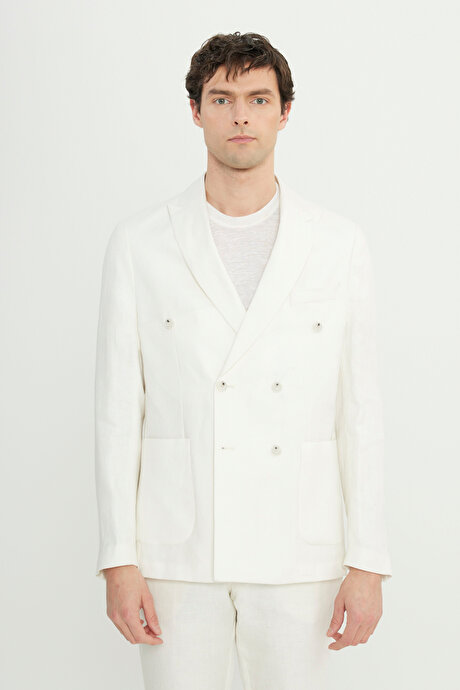 %100 Keten Slim Fit Dar Kesim Kırlangıç Yaka Torba Cepli Kruvaze Ekru Takım Elbise resmi