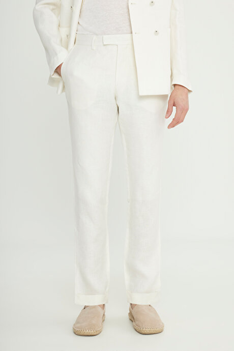 %100 Keten Slim Fit Dar Kesim Kırlangıç Yaka Torba Cepli Kruvaze Ekru Takım Elbise resmi