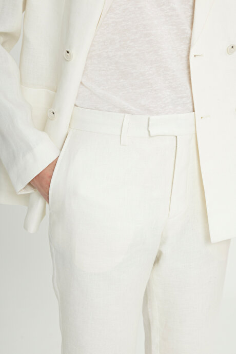 %100 Keten Slim Fit Dar Kesim Kırlangıç Yaka Torba Cepli Kruvaze Ekru Takım Elbise resmi